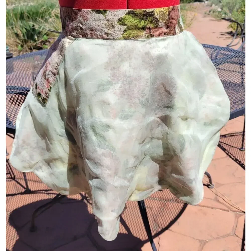 Vintage Reversible Chiffon Cotton Half Apron Gold Green Flowers Sexy MCM Hostess